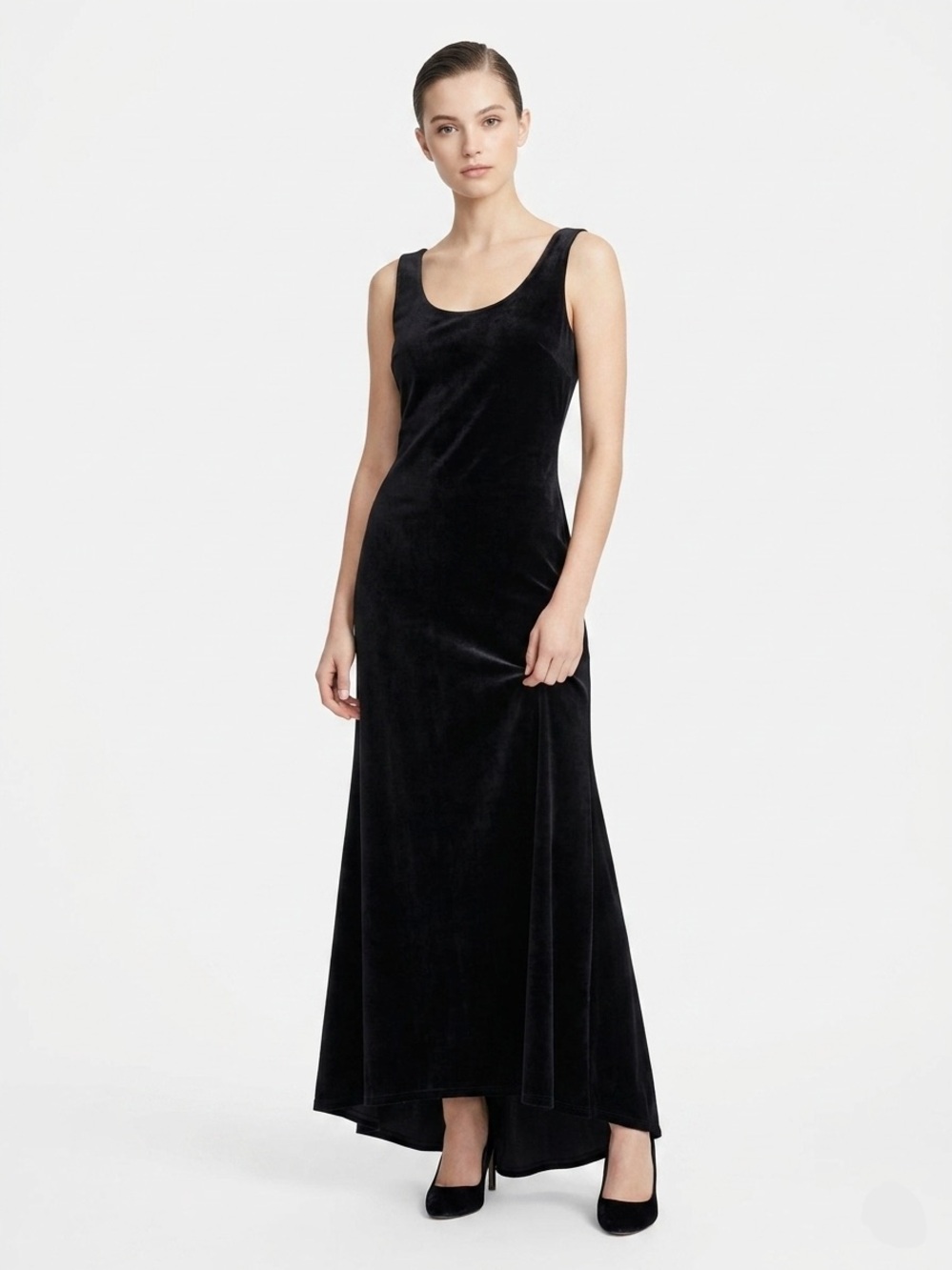 Carole Little, Vintage Black Velvet Scoop-Back Maxi Dress - 10